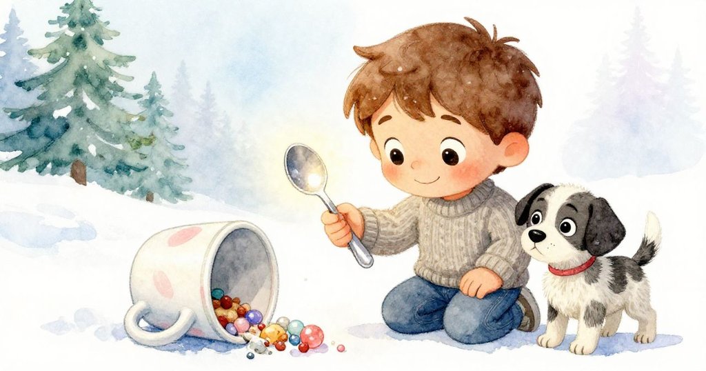 Liam蹲下檢查發亮的湯匙，Patch好奇觸碰倒立的杯子，最後一顆彈珠沿踢腳線輕輕滾動，故事溫柔落幕