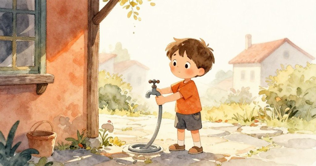 米洛在溫暖午後庭院中轉動水龍頭,準備清洗滿塵杯具,眼神充滿好奇與寧靜,背景有石徑和遠屋。