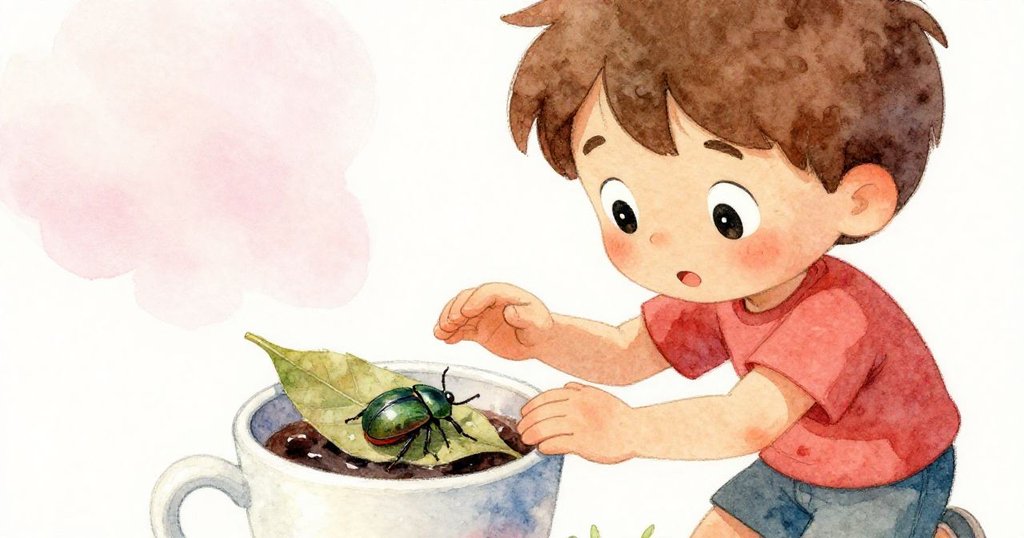 米洛溫柔地將杯邊爬行的小綠甲蟲推向乾葉,臉上流露溫柔關懷,展現了他與自然互動的細膩情懷。