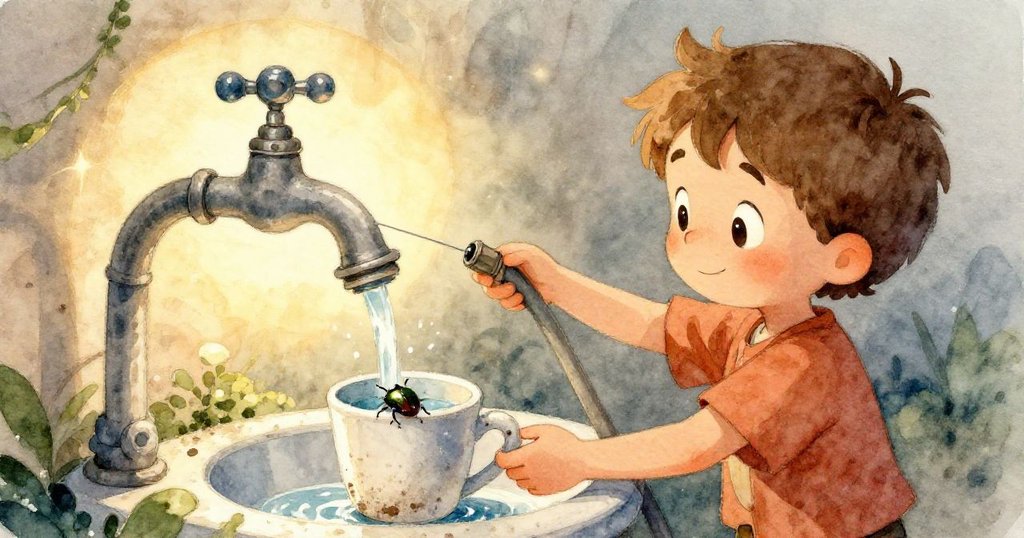 水流在花園沙中蜿蜒分流,一支滑入工具箱下濕潤生鏽,細節展現自然力量與時間的變化。