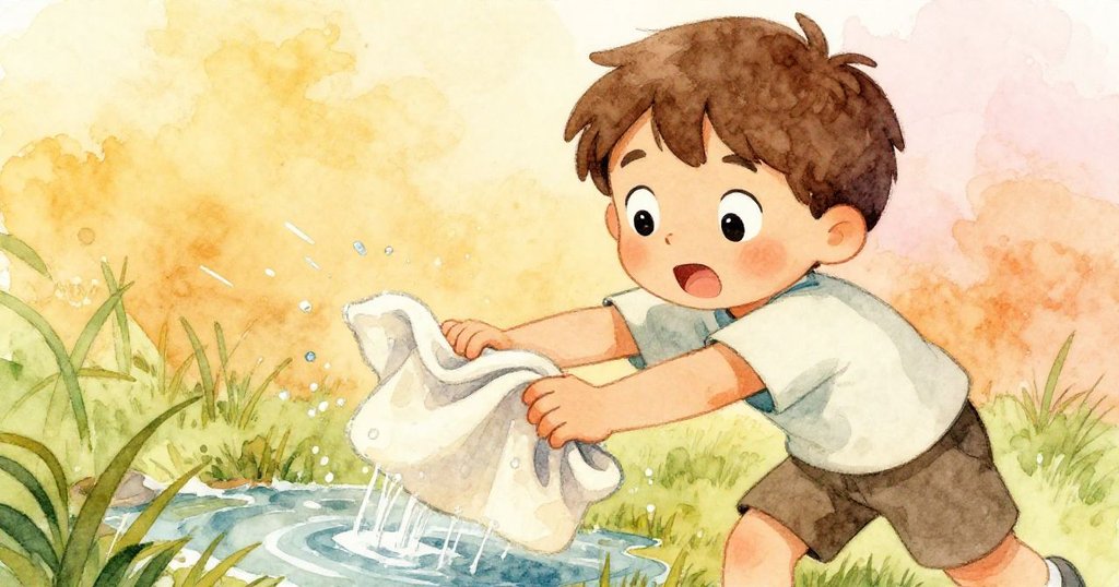 米洛迅速抓起舊布遮擋迸發水流,引導水向翠綠草坪流動,神情堅毅展現問題解決的決心。