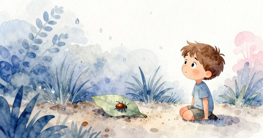 米洛靜靜觀察水流被引導至土壤上,細小水滴散落形成圈狀,如同自然平衡象徵,畫面充滿沉思和平和。