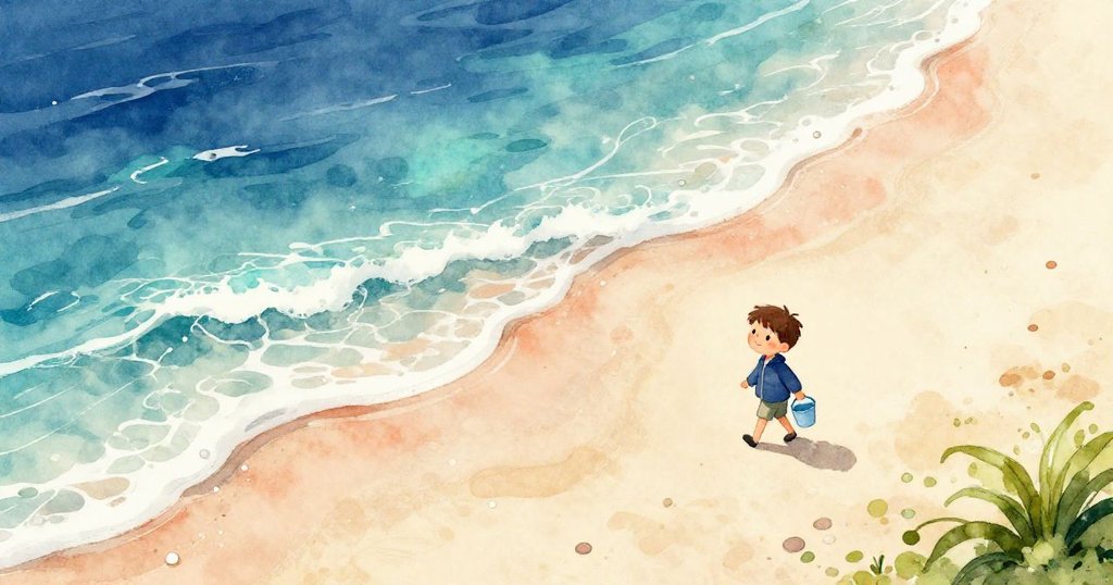 米洛在清晨金色光輝中沿著廣闊沙灘奔走,海浪和貝殼映襯出寧靜與好奇的心情。