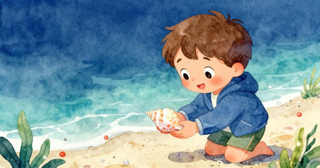 米洛專注地凝望著手中微光閃閃的貝殼,細膩觀察海水退去後留下的濕沙,充滿探索與期待。