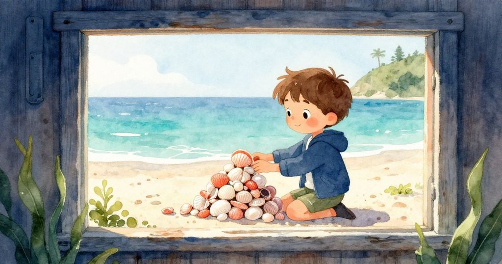 通過海邊小屋的窗戶,可以看到米洛在濕沙上用貝殼堆砌牆壁,神情專注且充滿創意,海光與沙影交織。