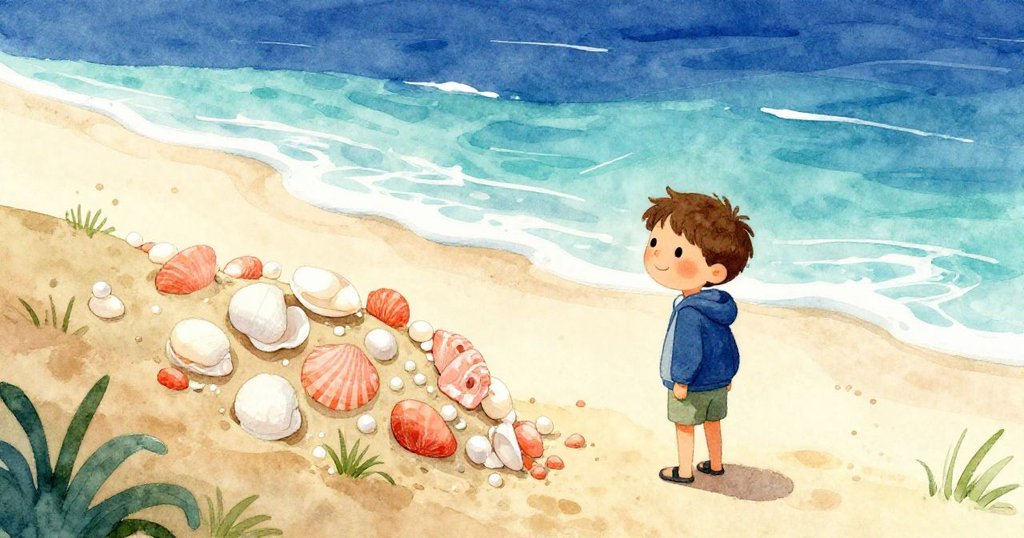 從沙丘高處俯瞰,米洛欣賞著曲線優美的貝殼牆,海浪輕拂沙面,映出成就與寧靜情懷。