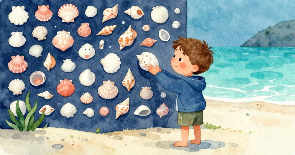 米洛在沙灘上彎腰挑選閃耀的貝殼,他滿懷決心與期待,細心比較每顆貝殼的形狀與光澤。