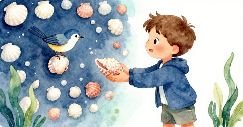 米洛與小夜鶯在貝殼牆前互動,米洛溫柔遞出閃光的貝殼,小夜鶯歡快跳上牆面,共享大自然的美好時刻。