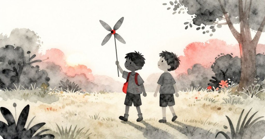 米洛在溫暖傍晚的庭院中，以剪影造型拿著小風機，背景明亮，展現期待與好奇的情感。