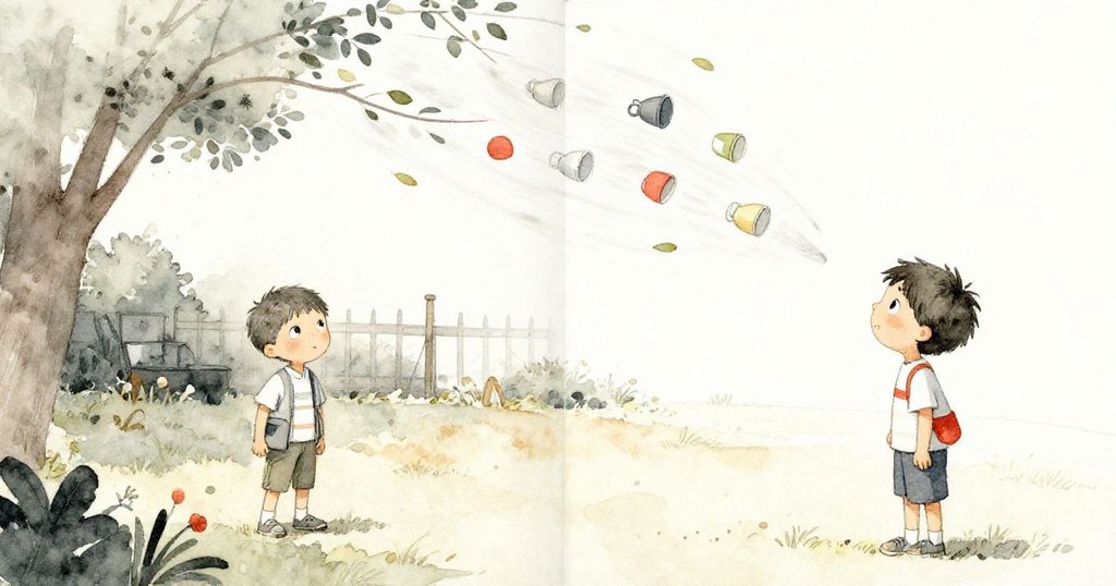 米洛在庭院中等待，畫面分割展示靜止與風起兩種情境，表現耐心與驚奇。