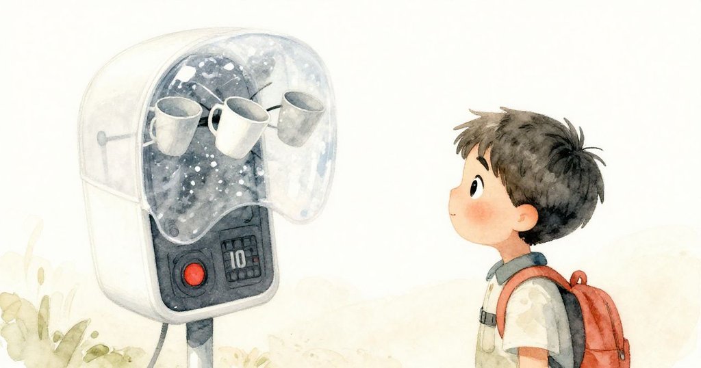 小風機螢幕下呈現旋轉小杯，彷彿在透明罩中泛起水波，米洛仔細觀察，充滿專注。