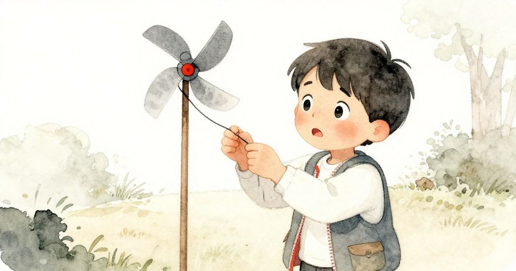 米洛專注調整小風機與細線，庭院寂靜瞬間彷彿凝固，充滿緊張與期待情感。