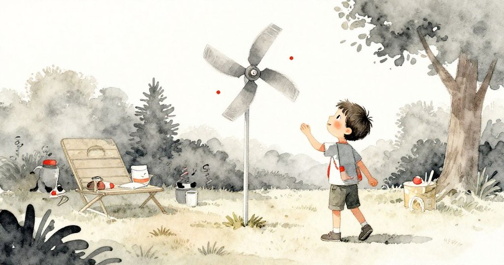 米洛滿懷欣慰看著庭院中旋轉數字顯示風力重現，場景溫暖充滿成功與重逢的感覺。