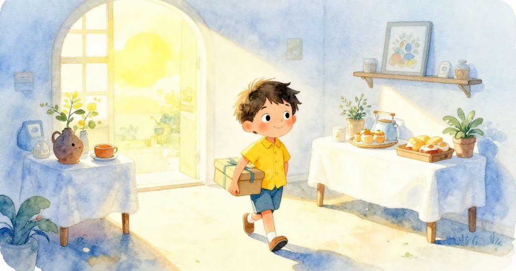 米洛在柔和晨光中拿著箱子走進小大廳,他臉上露出期待與興奮的笑容,開始新一天的冒險。