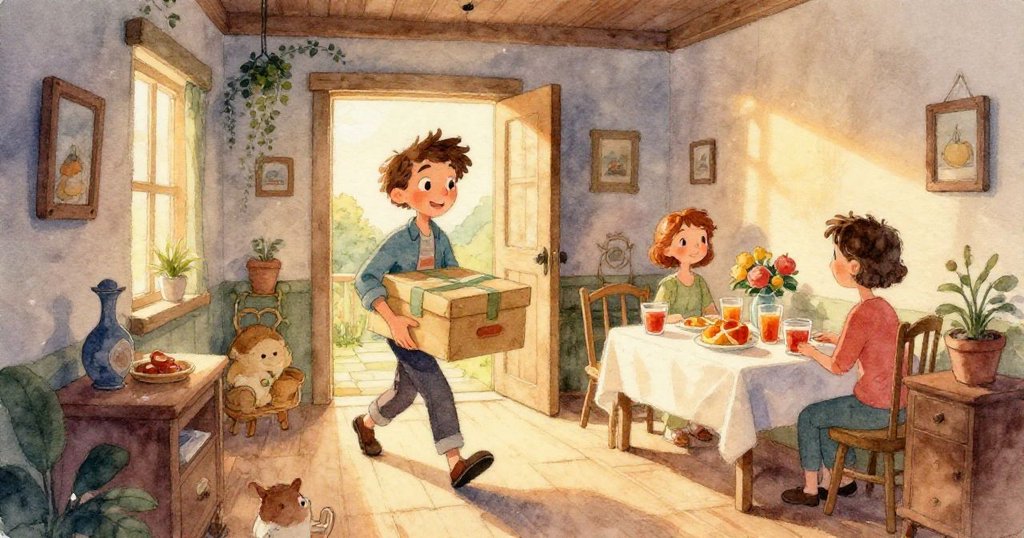 米洛輕快地走在光亮的地板上,每一步都留下清晰足跡,暗示著他內心的期待與興奮。