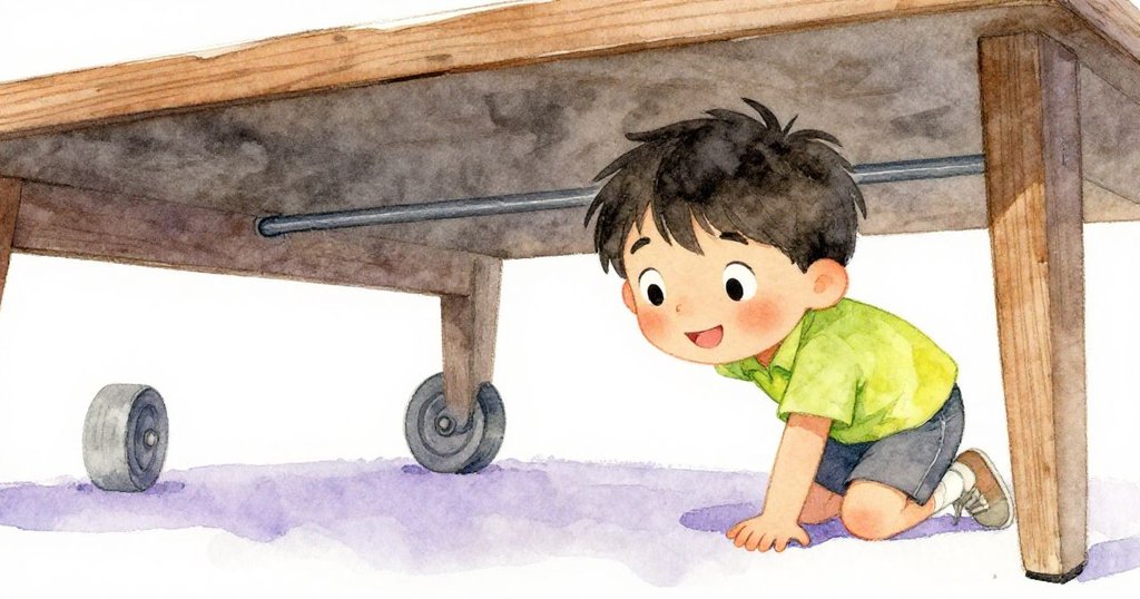 米洛俯身檢查桌子底部,發現隱藏的灰色輪子與金屬條,表情充滿好奇與驚喜。