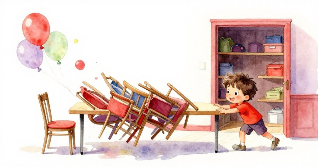 米洛推動桌子,椅子滑開釋出彩色氣球,隱藏的供應室入口因此展現,畫面充滿驚喜。