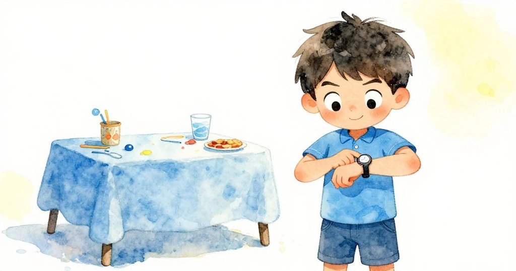 米洛停下來看著手錶,臉上露出決定和溫柔的笑容,準備繼續佈置派對。