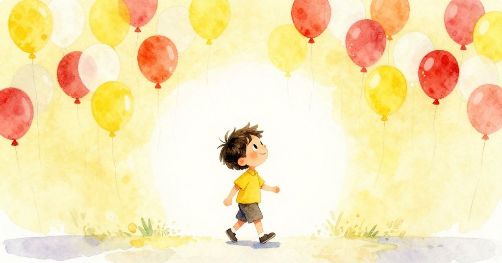 米洛重新提起箱子,邁向開闊明亮的空間,氣球在燈光下輕輕飄揚,象徵全新的冒險開始。