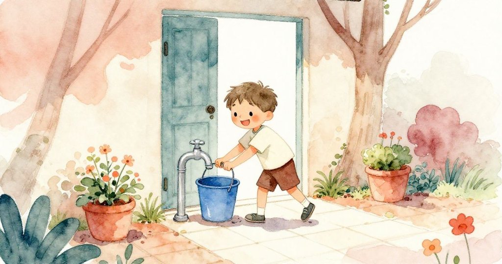 Sam 走進陽光明媚的庭院，推著藍色水桶站在花園水龍頭旁，臉上充滿期待與活力。