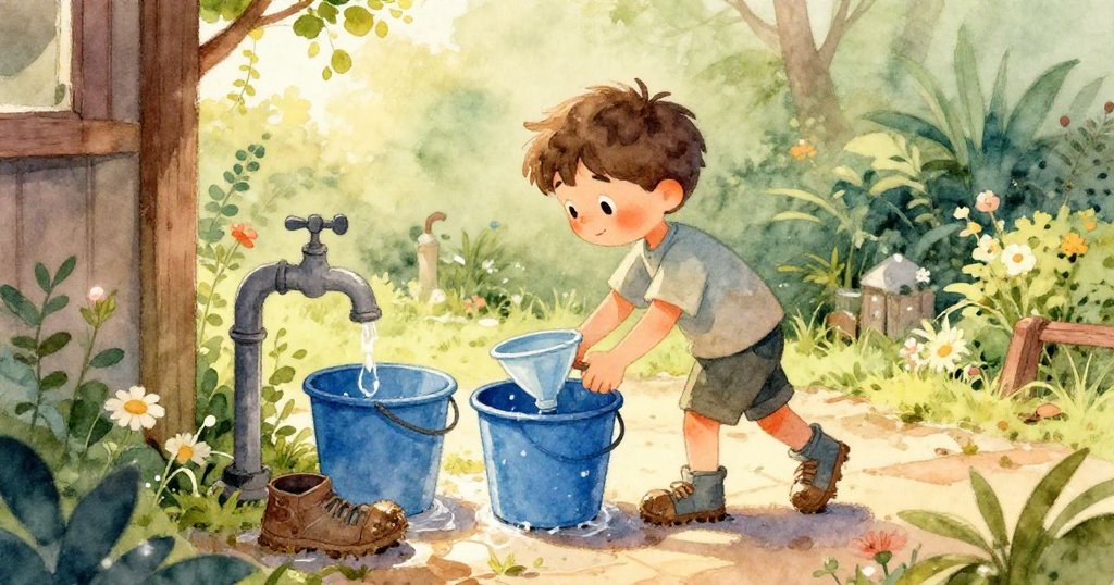 Sam 的手正小心地把塑料漏斗放入藍色水桶，準備清洗髒鞋前透露專注與期待。