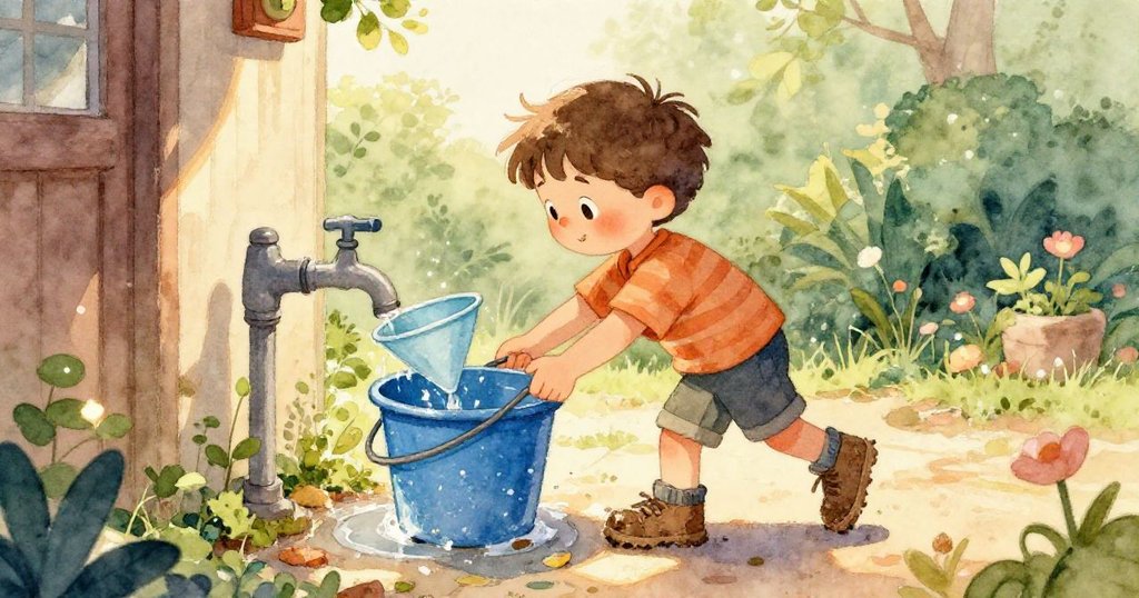 從Sam背後看見清水透過漏斗流下，泡沫漸成滑稽王冠，背景中有沙包點綴，充滿驚喜與期待。