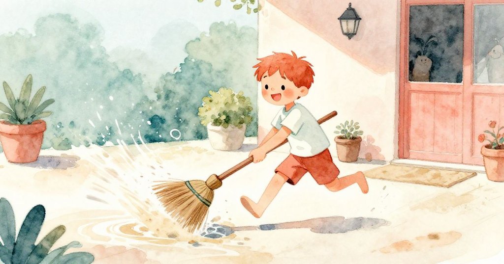 Sam 手持掃帚奔跑在庭院上，努力掃除奔流的水沙，動感十足，滿懷決心與活力。