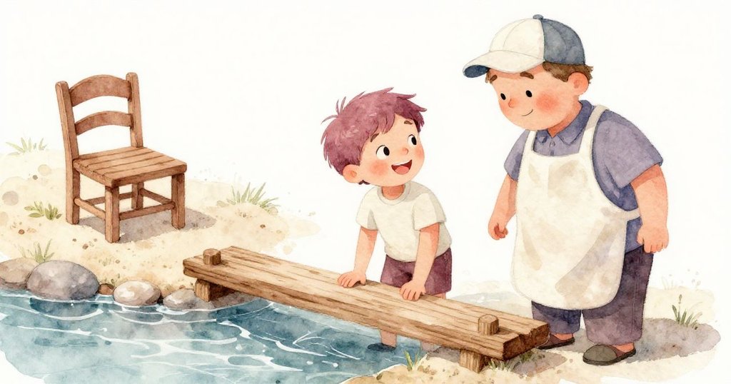 Sam 與粉刷椅子的鄰居在圍欄外互相點頭微笑，Sam手持木板，表情溫暖而滿足，展現共同成就感。