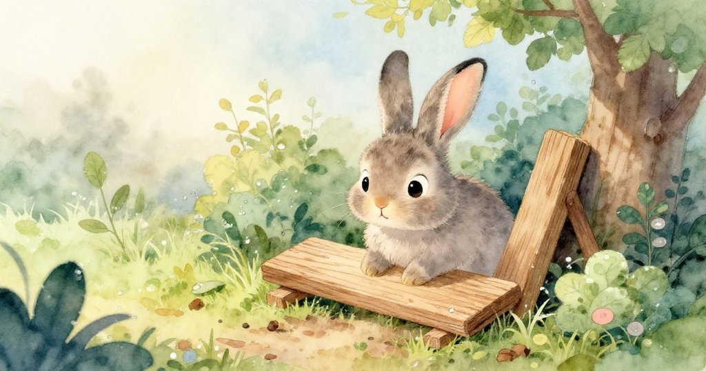 小兔子充滿好奇心地從鬆動的木板中穿過，清晨迷霧環繞，露珠閃亮，庭園生氣盎然，神情專注且愉悅。