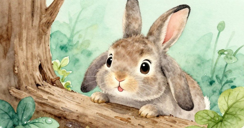 小兔子靠近木板與濕潤泥土，仔細嗅聞花園氣息，表情充滿好奇，展現出細膩質感與溫暖晨光。