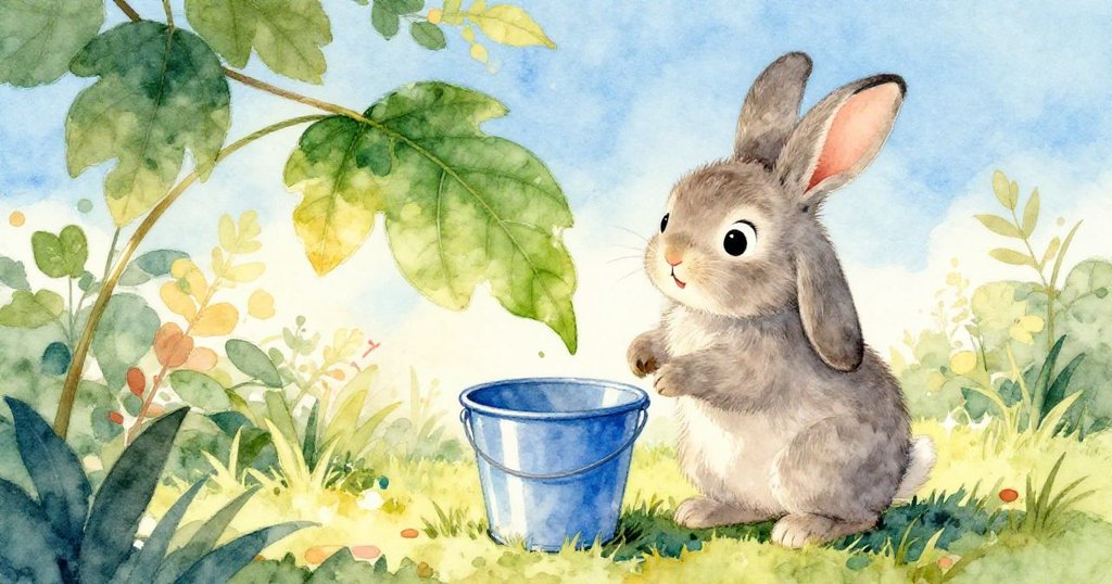 小兔子走向一片成熟葉子，靠近反射晨光的藍色水桶，神情充滿驚奇，園中光影交錯，彷彿在夢中探險。