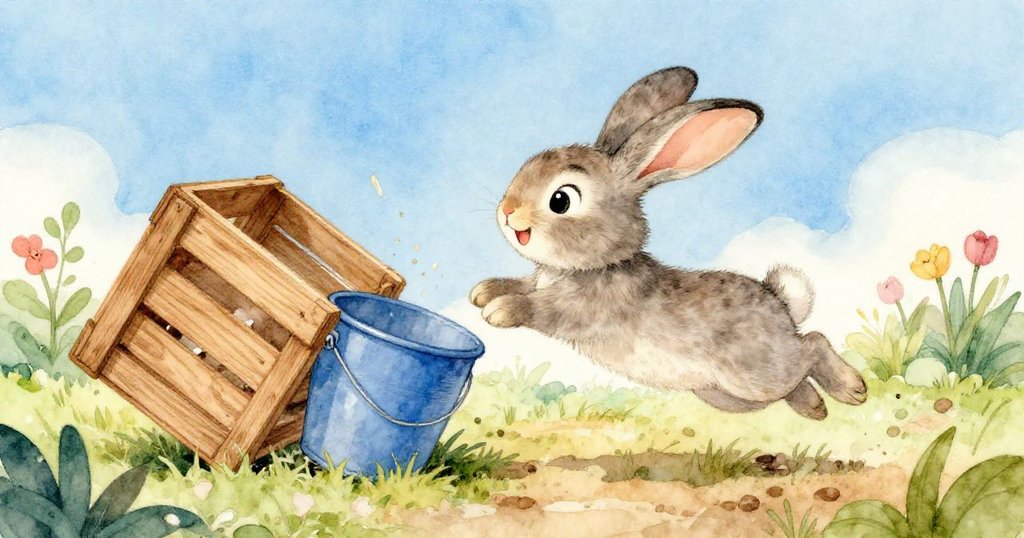 小兔子在花園中快樂跳躍，輕觸藍色水桶引發連鎖反應，水桶傾斜向木箱，動作俏皮且充滿愉悅。