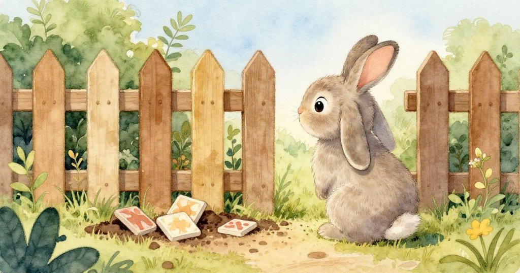 小兔子在庭園最後一幕中回望圍欄缺口，停滯的瓷磚與土流定格遊戲結局，神情柔和及略帶不捨。