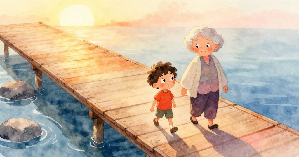 清晨的木橋上,Milo與祖父並肩前行,鳥瞰海面與石池,從啟程到邂逅初探充滿溫暖與期待。