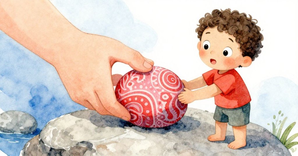 Milo專心檢視手中彩繪石,細節豐富,從失誤中尋找準備,展現堅定與期待的心情。