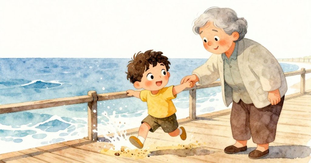 Milo與祖父在碼頭互動,Milo輕踏濕沙,祖父溫柔拍欄杆,從初探進展到親情凝聚呈現悅動海浪。