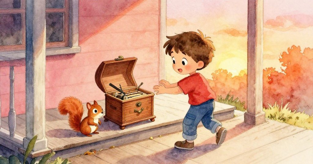 Liam在Gran門廊上探險，音樂盒吸引他，小松鼠在門階旁好奇注視，晨光映照溫暖場景。