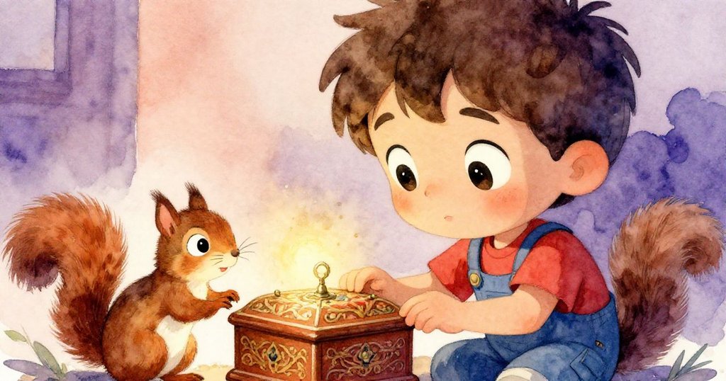 Liam專注俯身觀察音樂盒，眼中閃爍期待與疑惑，小松鼠在旁邊靜靜觀望，情感細膩溫暖。