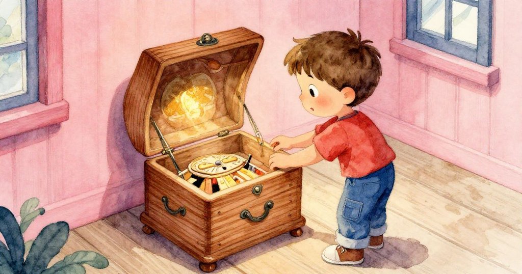 Liam從高處俯視探查音樂盒，手指輕觸溫暖木料展露秘密，神情充滿驚喜與探索，環境充沛晨光。