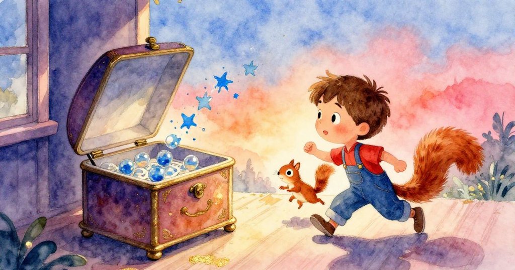 音樂盒蓋掀起玻璃球飛散，藍色顏料化成星形，松鼠在門廊上靈動跳躍，場面熱鬧迷人。