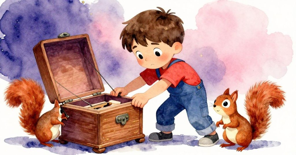 Liam努力推動音樂盒角落解開鉸鏈，小松鼠在旁好奇看著，臉上寫滿堅定與些許緊張情緒。