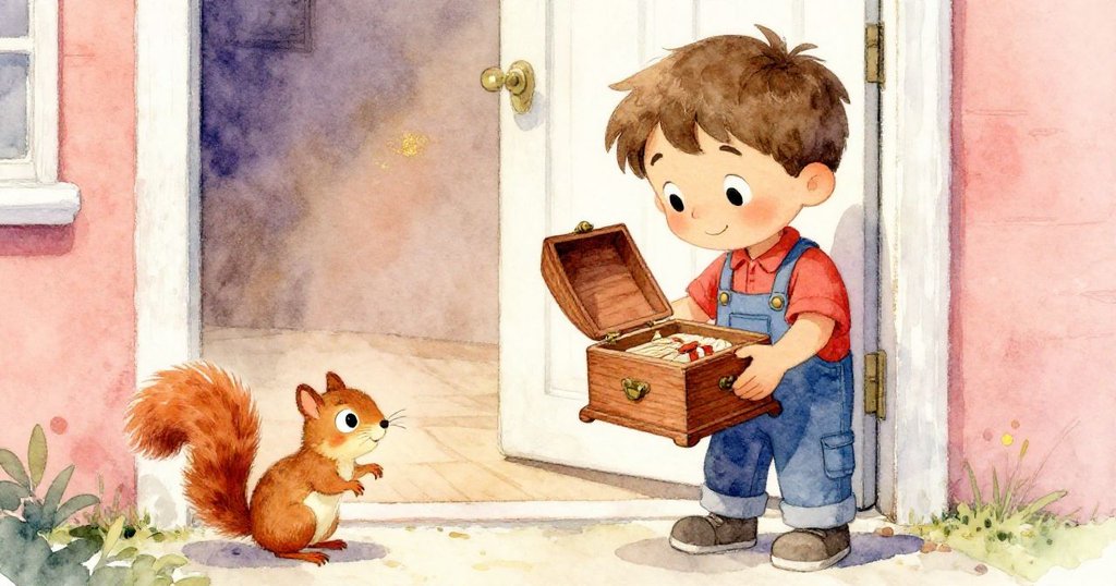 Liam滿意地合上音樂盒，帶著成就感將盒子抱進溫馨室內，小松鼠在門外溫柔送別，氛圍平和安靜。