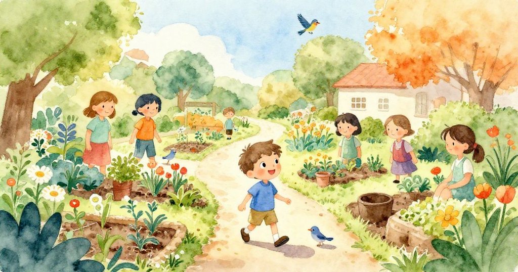 薩姆在晨光中穿過熱鬧社區花園,人群與鳥兒圍繞,臉上滿是期待與喜悅。