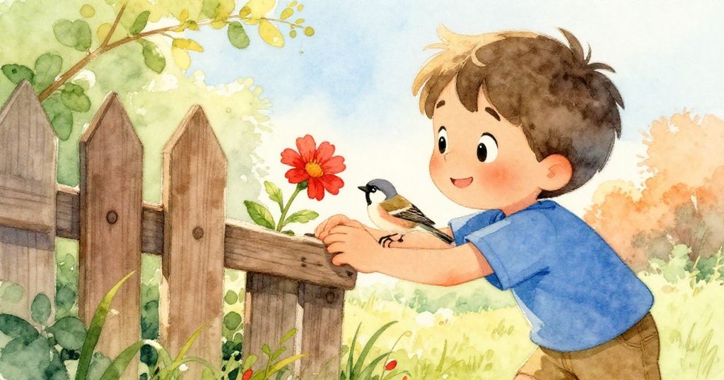 薩姆透過木柵伸手摘取鮮紅花朵,眼神專注,小雀輕拂手腕呈現溫暖互動。