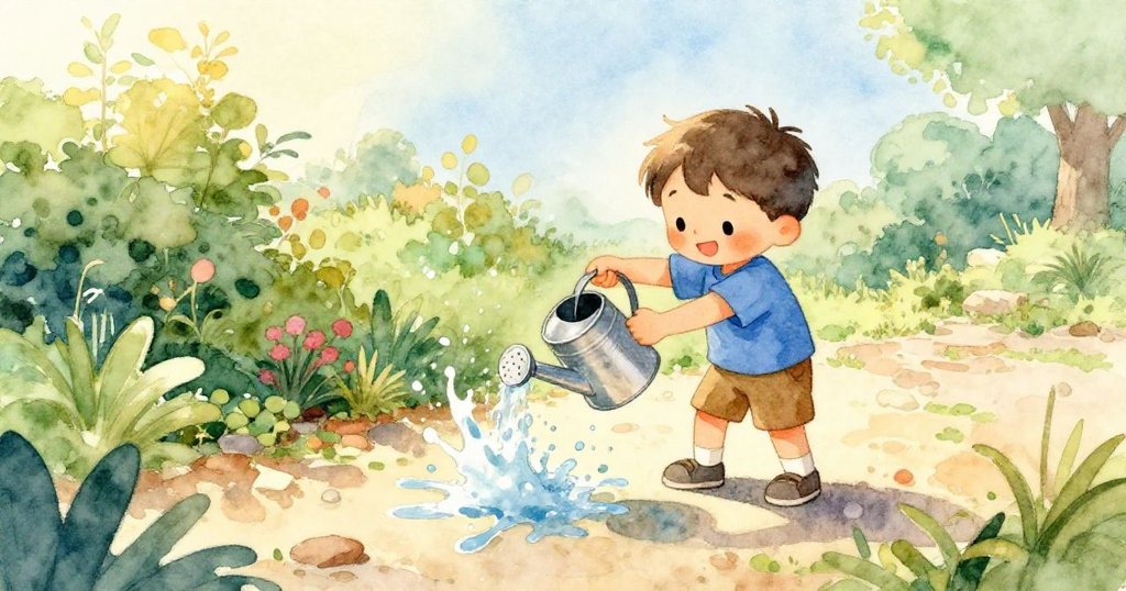 從高處俯瞰薩姆不慎撞翻水罐,水花四濺在石徑上,庭園背景充滿晨光動感。