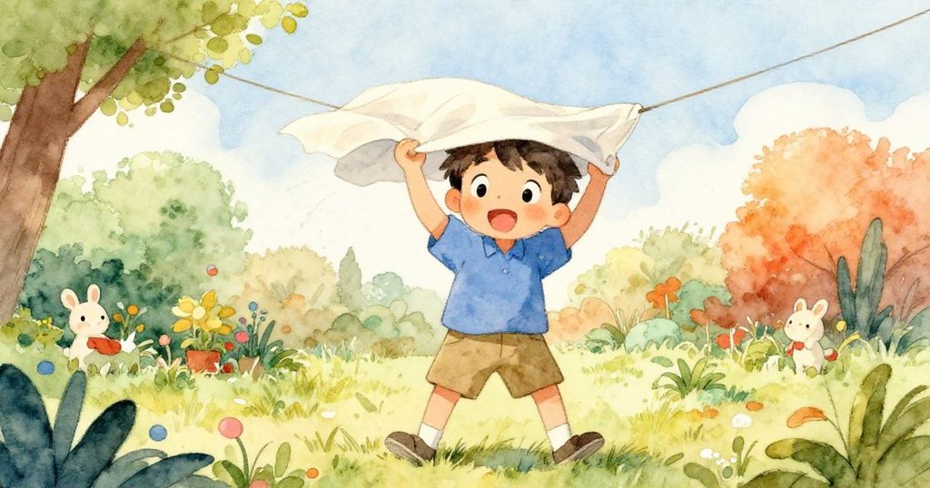 強風捲起晾衣布蓋住薩姆頭部,他由驚訝迅速轉為頑皮微笑,花園中充滿動感與歡樂。