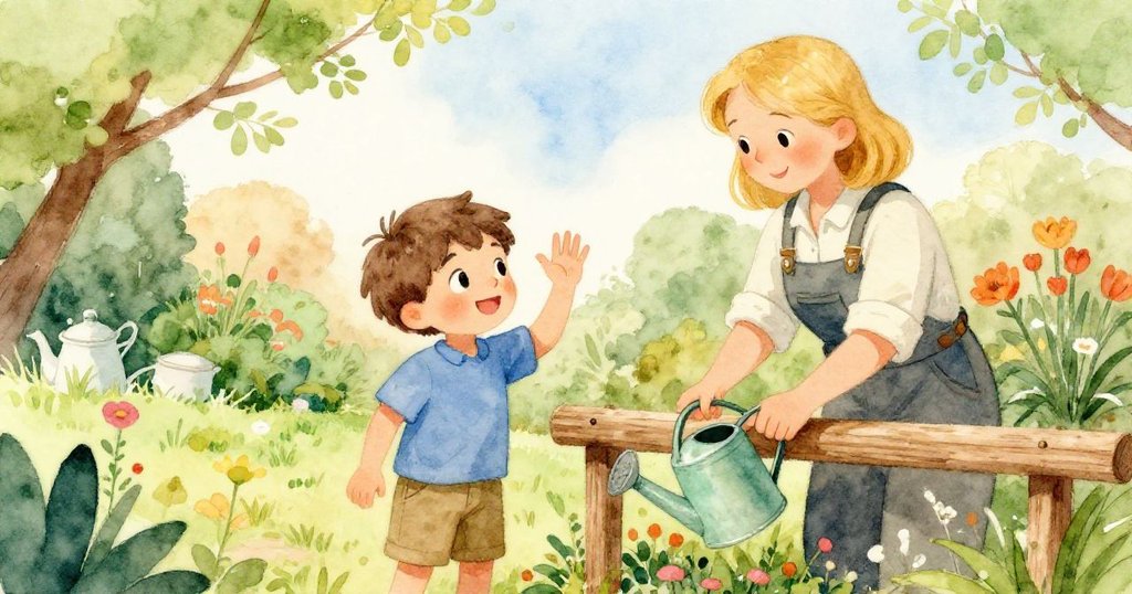 薩姆與米婭在花園裡共同扶正水罐,溼潤土地上留足印,溫馨互助充滿友誼與告別情感。