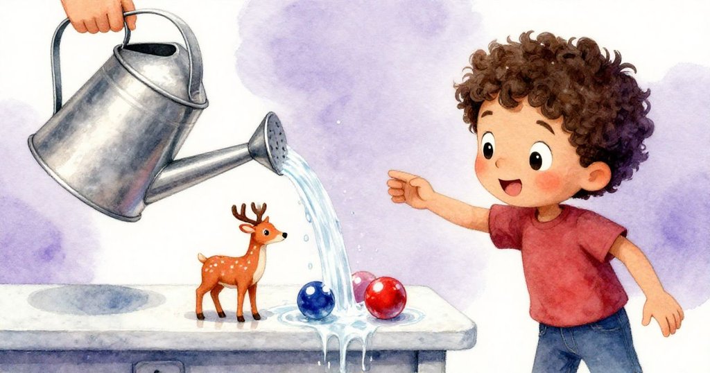 Milo旁邊的架子上水流灑落觸碰三顆明亮彈珠與塑膠鹿,房間中充滿動態和細節,小男孩表情專注