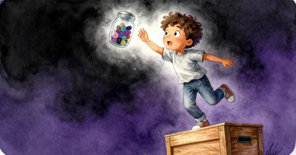 Milo從低角度仰視跳下木盒,伸手穩住傾倒的玻璃鈕扣罐,表情專注且勇敢,室內環境充滿動感