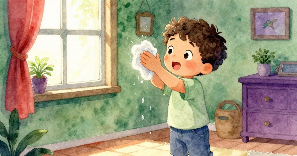 在溫暖晨光照耀下,Milo在季節裝飾的房間角落擦拭水滴,窗外樹影輕盈,小房間充滿自然生氣